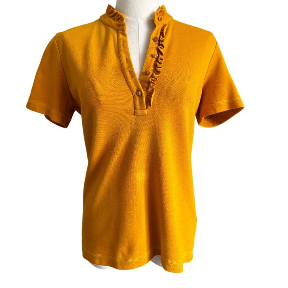 Tory Burch Women's Mustard Ruffle Trim Short Sleeve Knit Top Size S - Picture 2 of 8